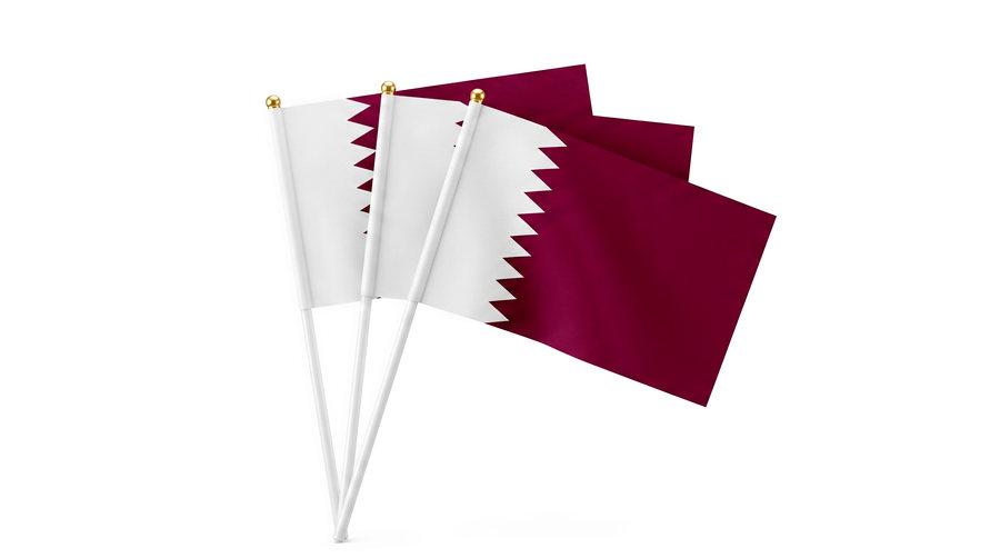 Qatar hand flags on white sticks, fanned out.
