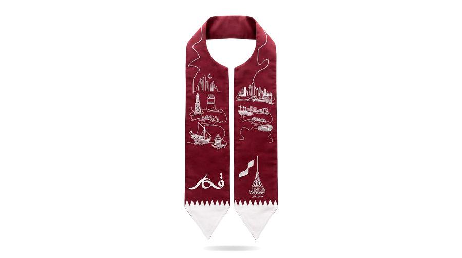 The sadu silk scarf with skyline line art and a serrated white tip.