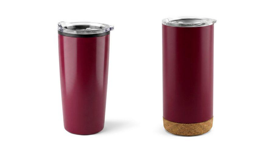 Two maroon thermal tumblers, one plain and one with a cork base.