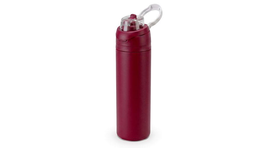 A maroon insulated steel bottle with a flip lid and carry loop.