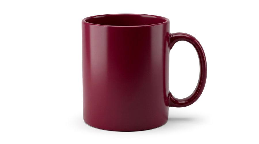 A maroon ceramic mug.
