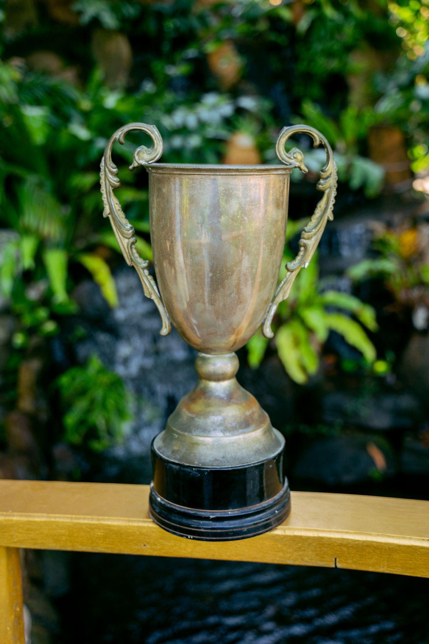 Custom gold and silver trophy cup with engraved base