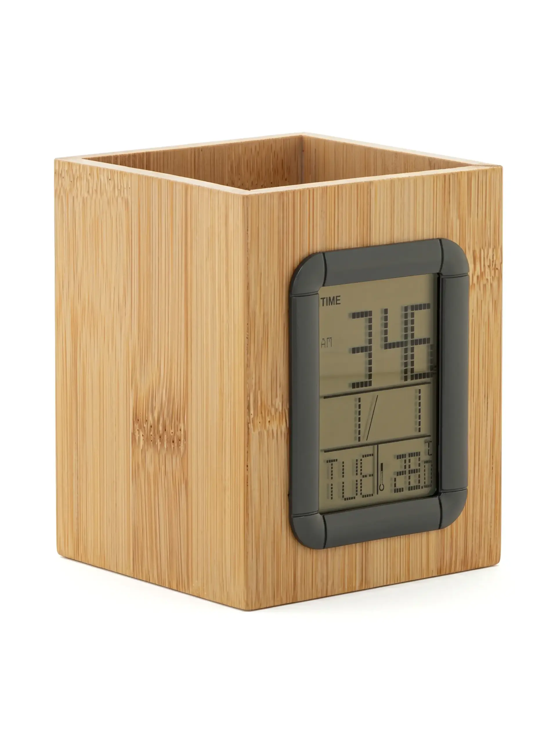 Aedivi - Bamboo Pen Holder with Multi-Function LCD Digital Clock
