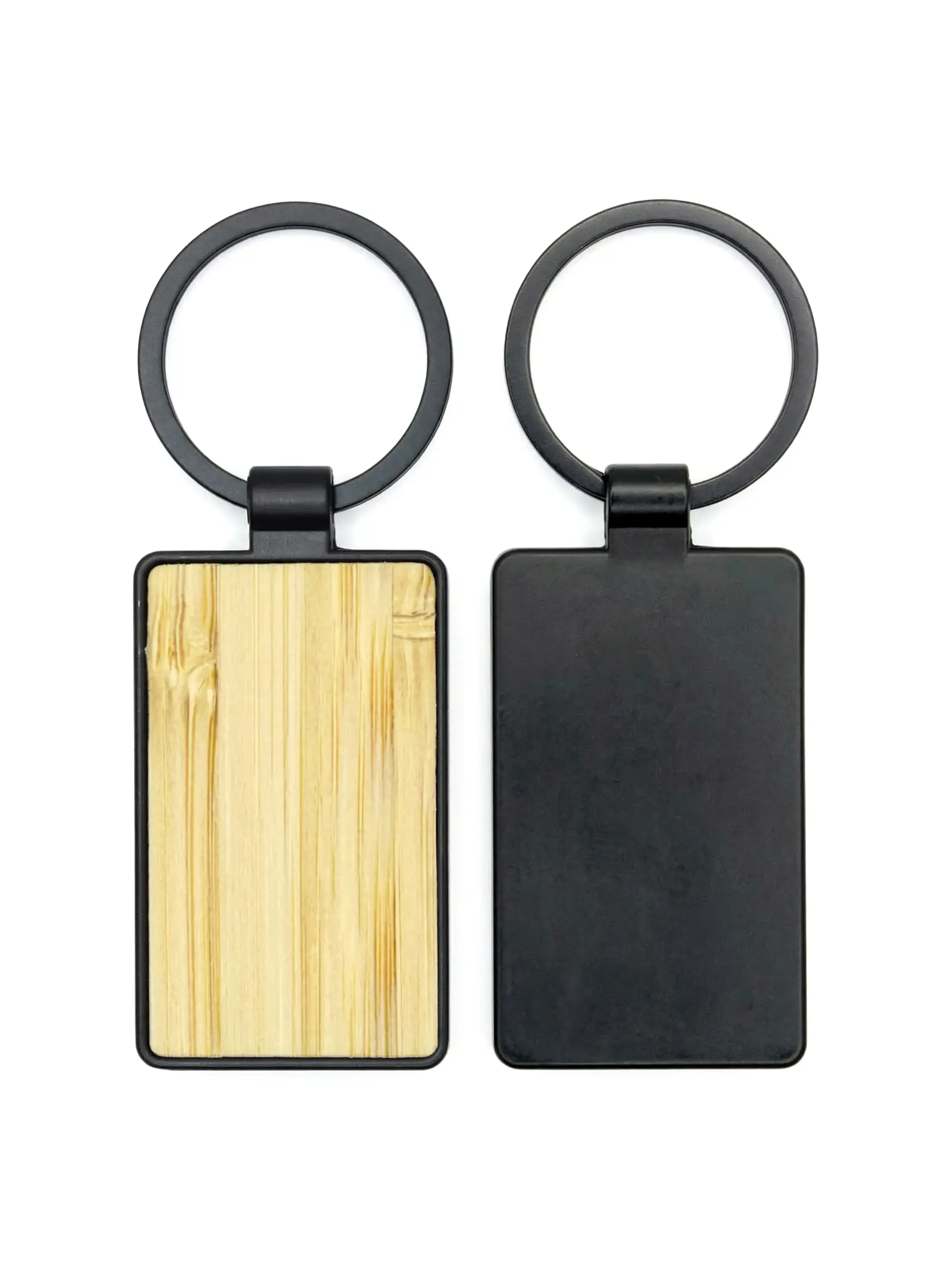 Oritop - Rectangular Bamboo and Polished Black Metal Keychain