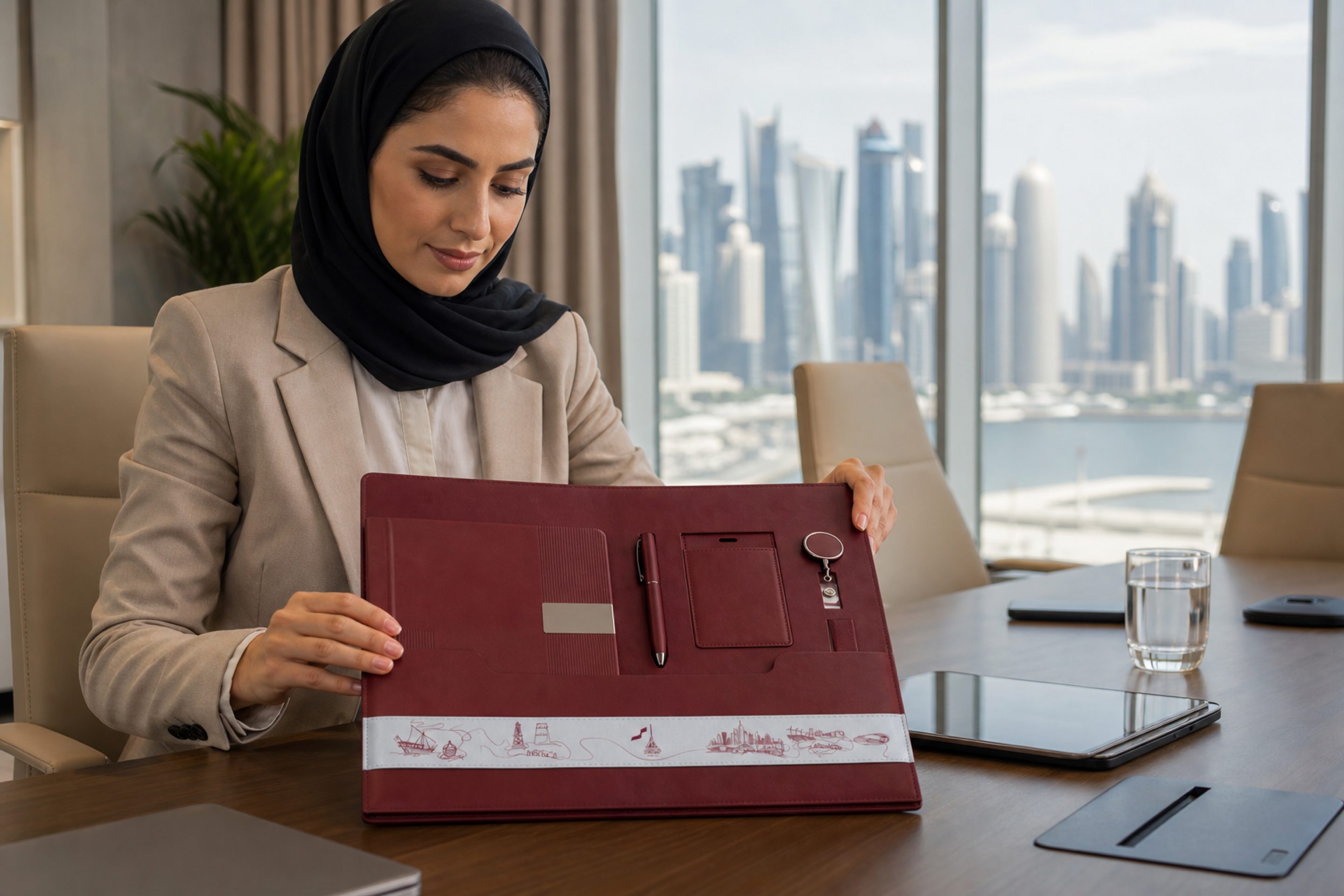A woman in a Doha boardroom opening the Huwiyyat Watan folio, West Bay towers through the window behind her.