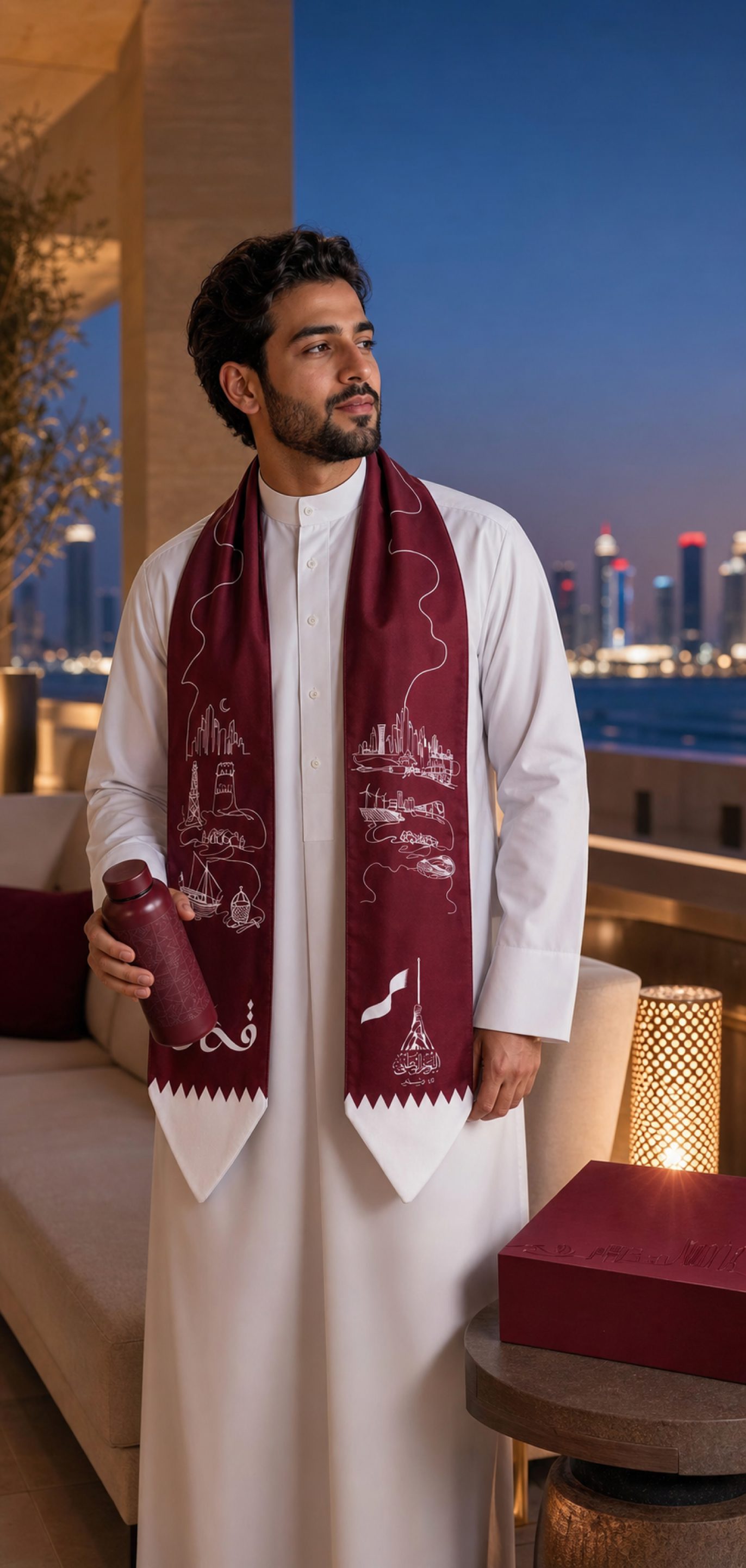 A man in a white thobe on a Doha balcony after dark wearing the Fakhr Al-Muwazzaf scarf and holding the bottle, the gift box on the table beside him.