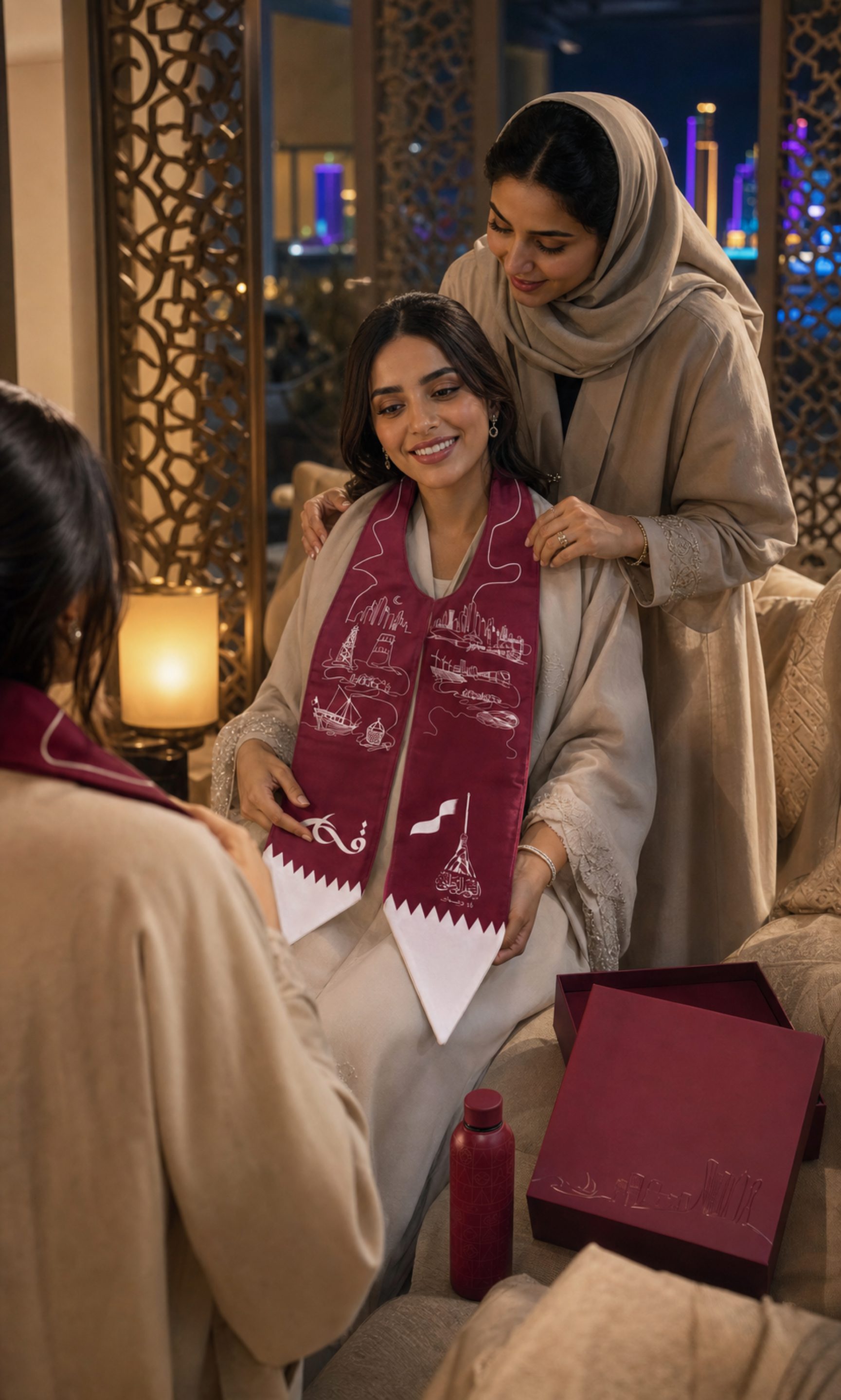 In a majlis above the lit Doha waterfront, one woman places the Fakhr Al-Muwazzaf scarf around another, the open gift box and bottle on the table beside them.
