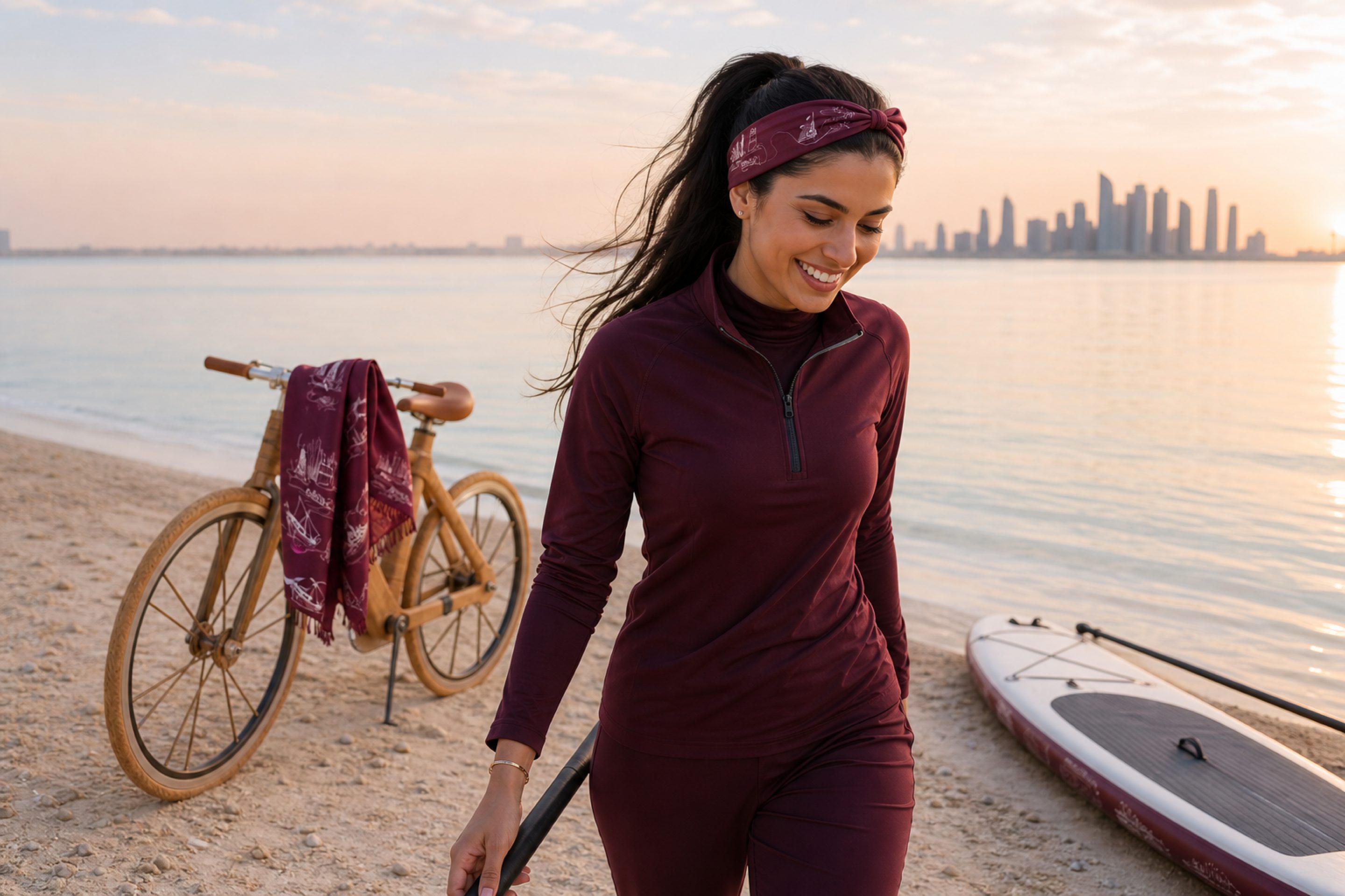 A woman at first light on the Corniche shoreline wearing the Majd Qatar heritage headband, paddleboard and bicycle beside her, the Doha skyline across the water.