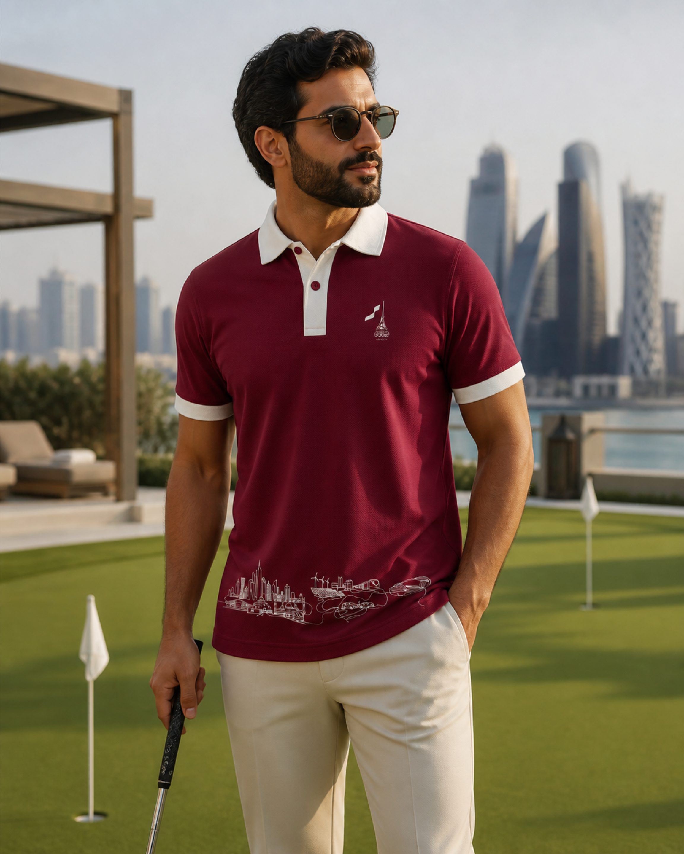 A man on a Doha putting green wearing the maroon and white National Day polo.
