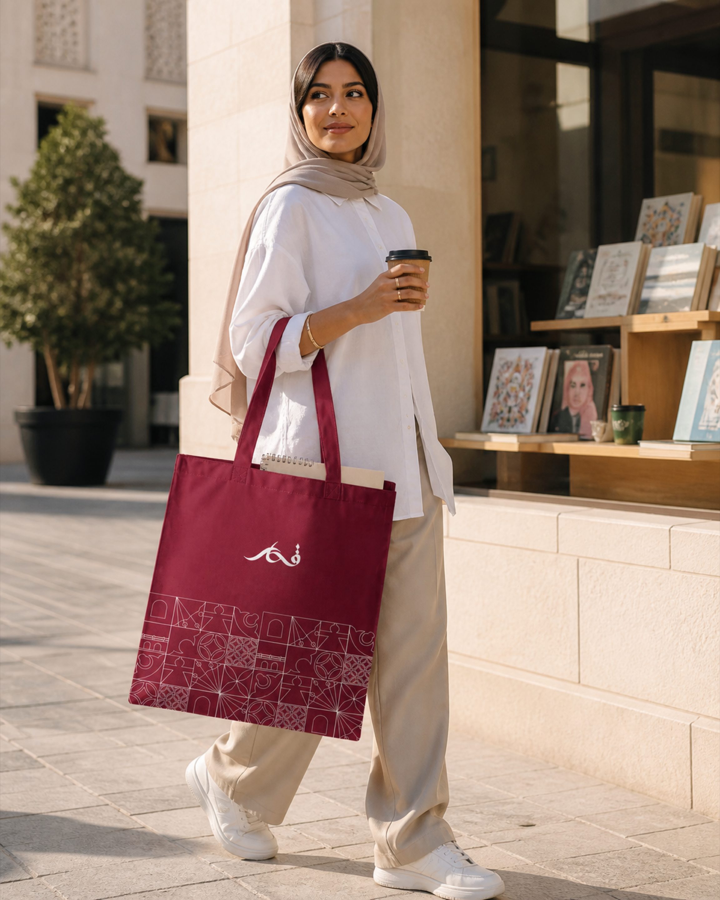 A woman carrying the maroon National Day tote bag past a Msheireb bookshop.